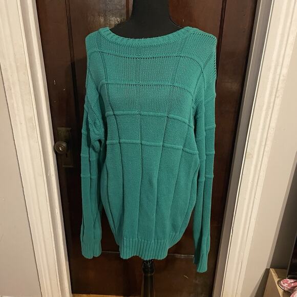 Vintage 80s Green 100% Cotton Harbour Club Sweater Mens Large Square Knit - Picture 2 of 7